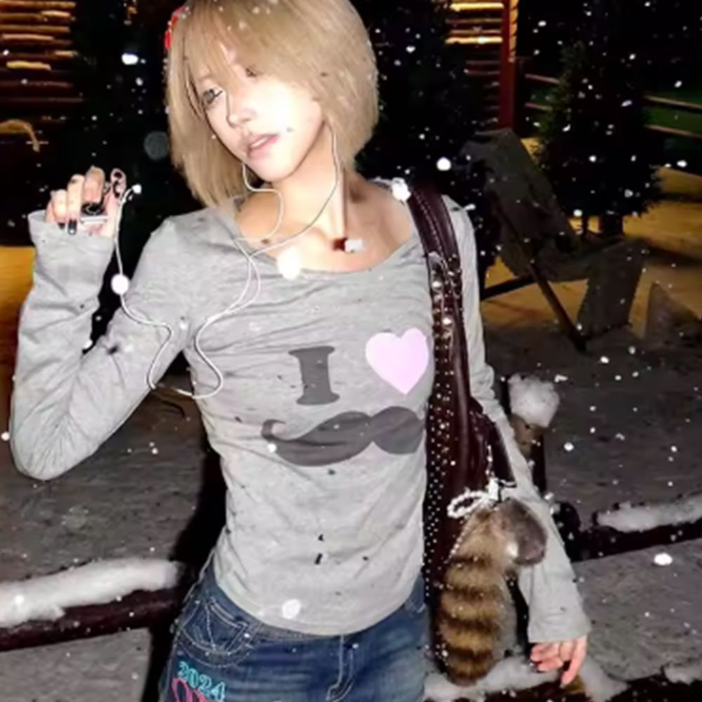 Street Fashion Japan - Kaos Cetak Jenggot Y2K Jepang Vintage