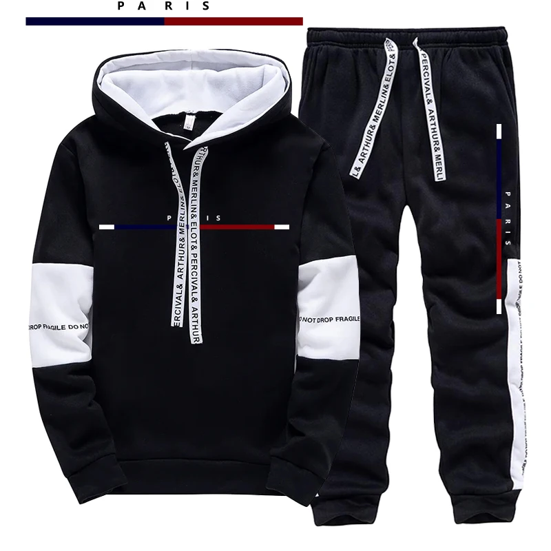 Street Fashion Hoodie - Setelan Pria Motif Cetak Paris/Hoodie/Celana, Pakaian