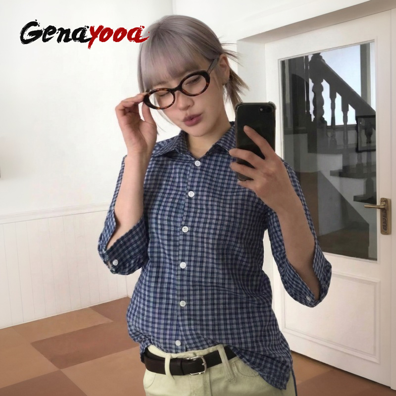 Genayooa Y2k Kemeja Kotak-kota - Street Fashion Japan ulasan dan harga